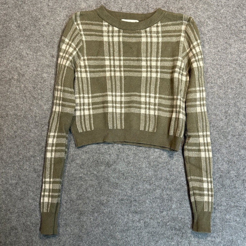 Active USA Plaid Cropped Sweater 2XL Olive‎ Green Knit Long Sleeve